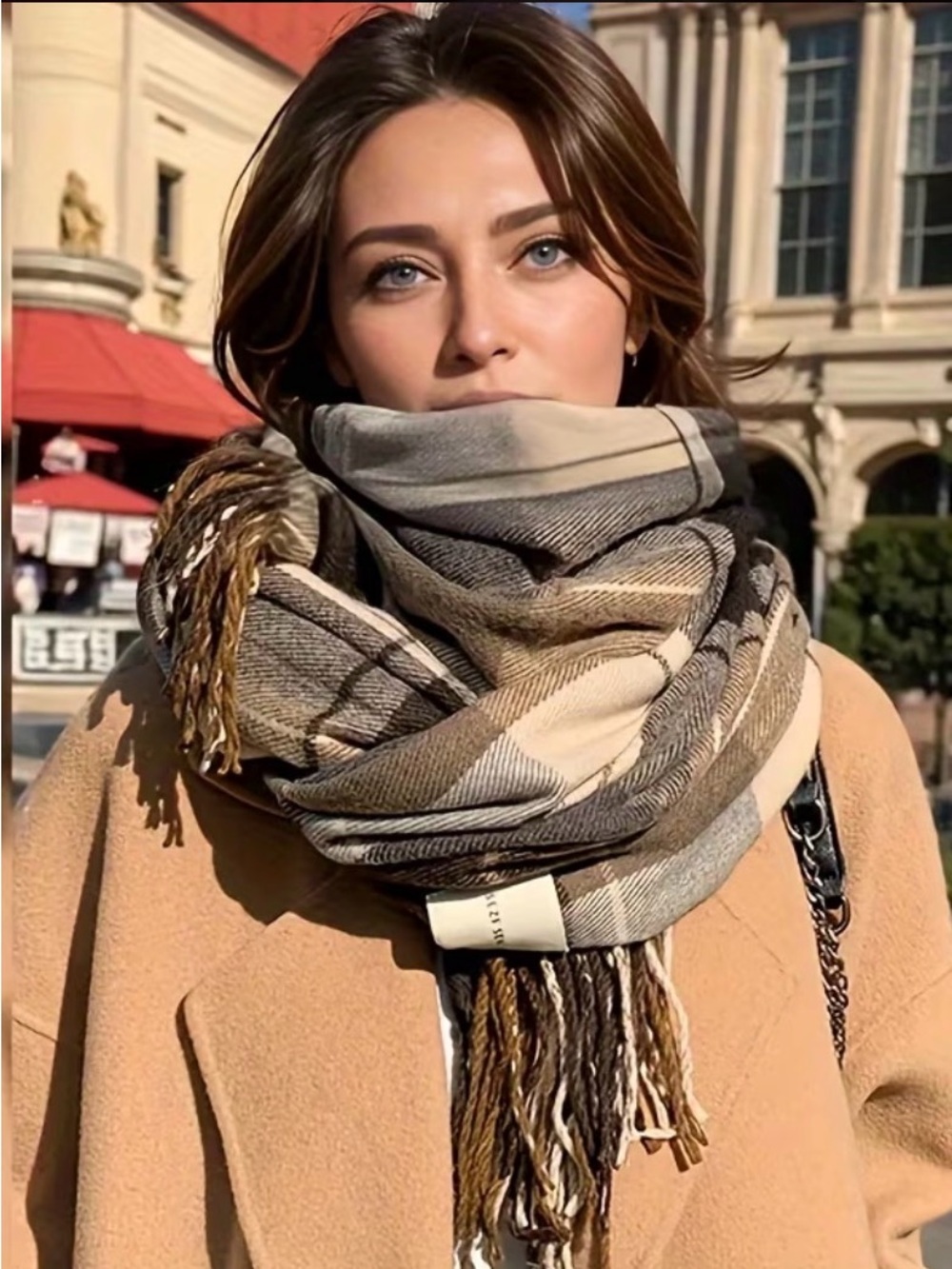 Classic Plaid Fringe Scarf in Beige, Brown and Gray - Women Accessories